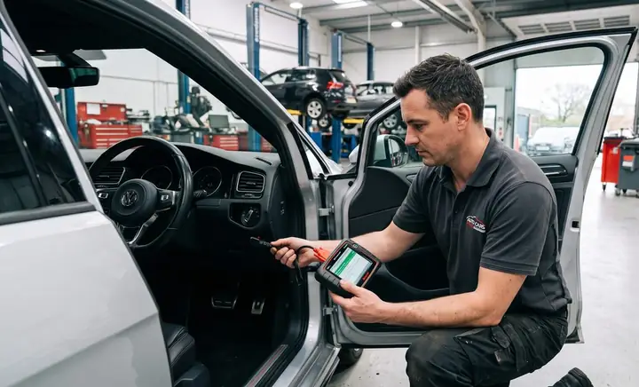 A technician reading fault codes with an OBD-II scan tool